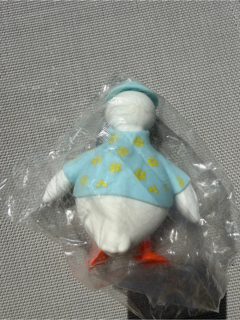 White Duck Pet Squishy Toy with Blue Jacket and Orange Beak